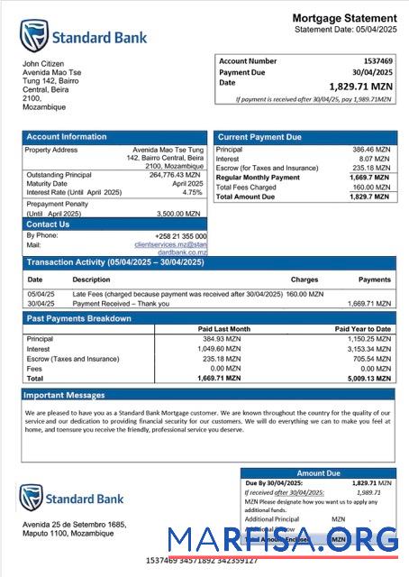 Realistic Mozambique Standard Bank mortgage statement Word and PDF template